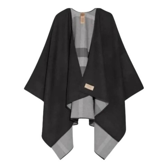 New BURBERRY Reversible check Cape Charlotte black grey solid to Check Cape - Picture 4 of 10